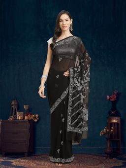 ADA - Hand Embroidered Black Georgette Lucknow Chikan Saree With Unstitched Blouse (A130251)