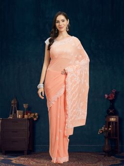 ADA - Hand Embroidered Peach Georgette Lucknow Chikan Saree With Unstitched Blouse (A183600)