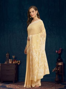 ADA - Hand Embroidered Beige Georgette Lucknow Chikan Saree With Unstitched Blouse (A183608)
