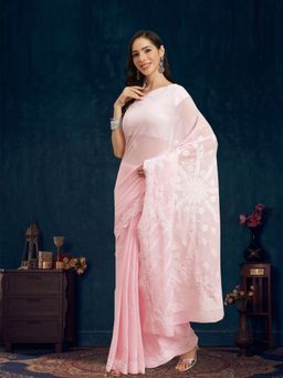 ADA - Hand Embroidered Baby Pink Georgette Lucknow Chikan Saree With Unstitched Blouse (A183623)