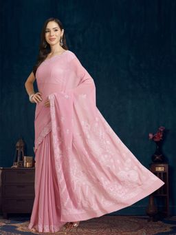 ADA - Hand Embroidered Dark Pink Georgette Lucknow Chikan Saree With Unstitched Blouse (A204358)