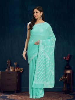 ADA - Hand Embroidered Green Georgette Lucknow Chikan Saree with Unstitched Blouse (A311282)