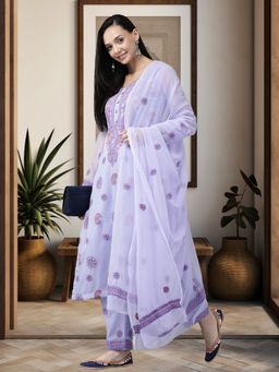 ADA - Hand Embroidered Lavender Georgette Lucknowi Chikankari Dress Material [A211193]