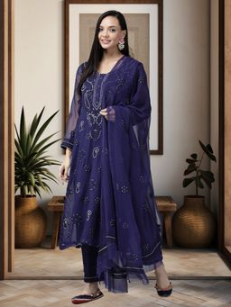 ADA - Hand Embroidered Navy Blue Georgette Lucknowi Chikankari Dress Material [A211194]