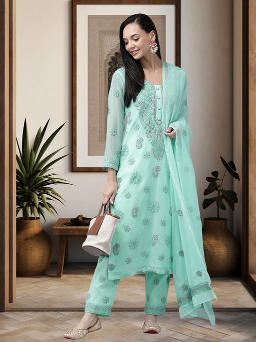 green emerald velvet dress Green Chikankari Suit set – Label Krisha main image 1