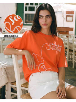 Bewakoof - Heavy Duty Orange Embroidered Oversized T-shirt