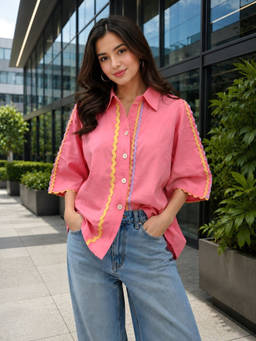 AAREIN - Pink Embroidered Lace Shirt