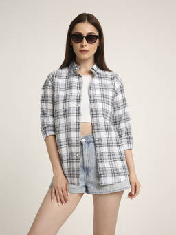 BLNK - White Checked Cotton Casual Shirt