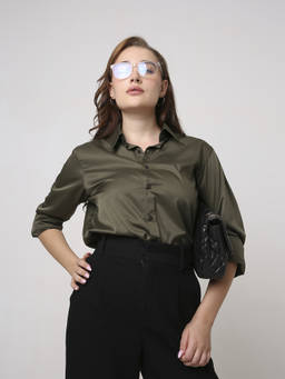 BLNK - Green Women's Solid Satin Formal Shirt