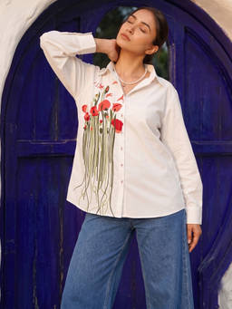 ZUMMER - Women Cotton White Floral Embroidered Shirt