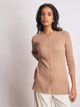The Label Life - Beige Knit Slit Sleeve Cardigan
