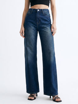 Outzidr - Dark Blue Mid Rise Dark Wash Tinted Wide Leg Jeans