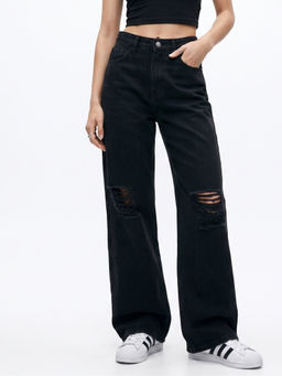 Outzidr - Black Mid Rise Distressed Wide Leg Denim Jeans