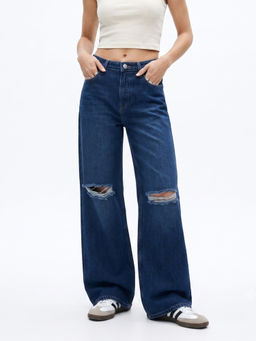 Outzidr - Dark Blue Mid Rise Straight Fit Distressed Denim Jeans