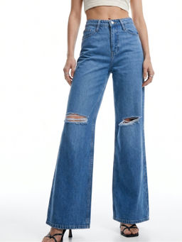 Outzidr - Blue Mid Rise Wide Leg Denim Jeans with Distressed Knee