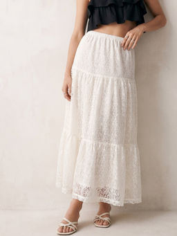 Outzidr - White Tiered Lace Skirt