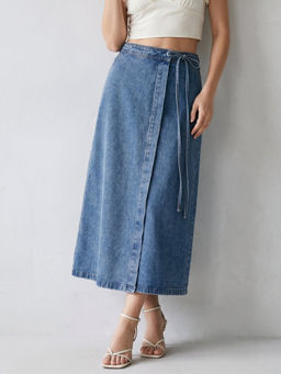 Outzidr - Blue Wrap Midi Denim Waist Tie Up Detail Skirt