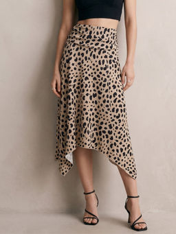 Outzidr - Beige Animal Printed Asymmetric Hem Skirt