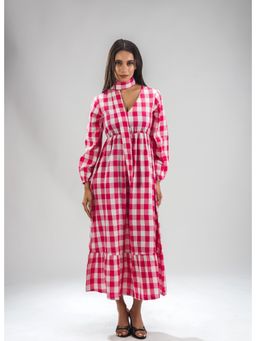 Sugnaa - Pink Gingham Midi Dress with Belt