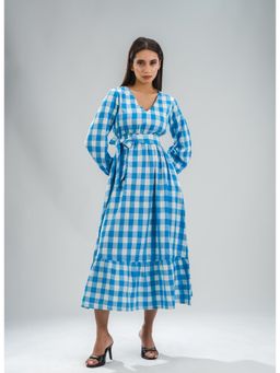 Sugnaa - Blue Gingham Midi Dress with Belt