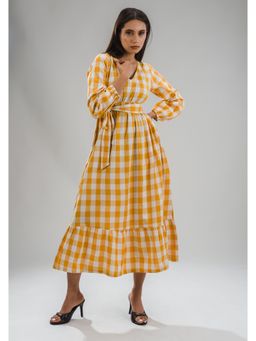 Sugnaa - Yellow Gingham Midi Dress with Belt