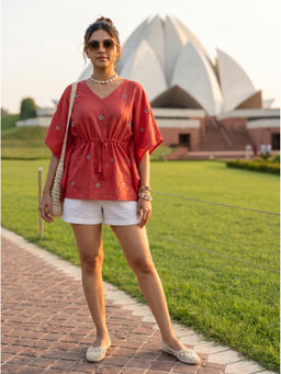 Vastara TheLabel - Rust Floral Motiff Embroidered Organic Cotton Kaftan Top