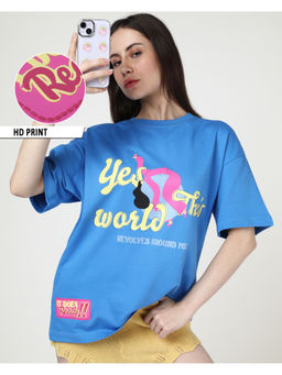 Bewakoof - Azure Blue World Revolves Graphic Printed Oversized T-Shirt