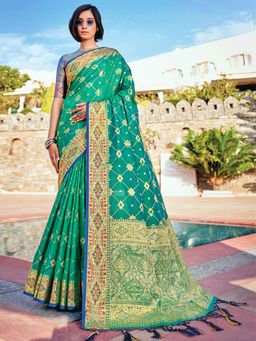 Odette - Womens Green Banarasi Silk Woven Design Saree with Unstitched Blouse