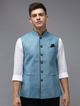 SHOWOFFFF - Men Solid Blue Ethnic Nehru Jacket