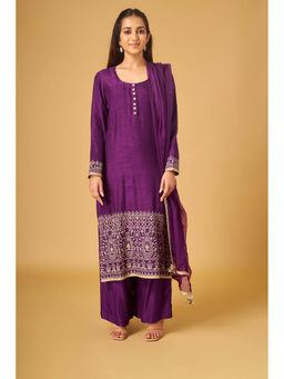 Maisolos - Purple Rawsilk Embroidered Kurta And Pant With Dupatta (Set of 3)