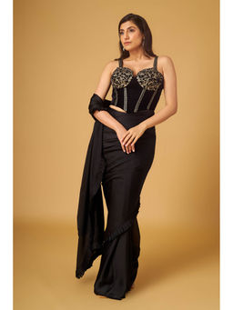 Maisolos - Black Satin Georgette Embroidered Cor Pre-Stitched Saree With Blouse