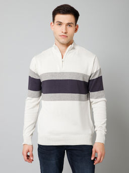 Cantabil - Men's Off-White Striped Full Sleeves Casual Sweater