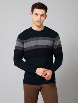 Cantabil - Men's Navy Blue Stripe Full Sleeves Casual Sweater