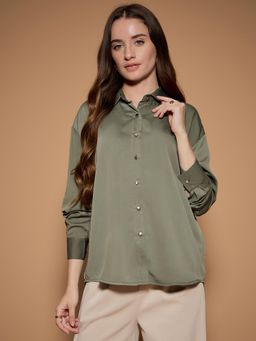 KASSUALLY - Olive Womens Basic Satin Shirt