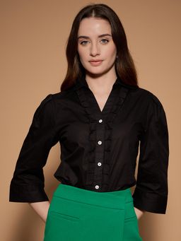 KASSUALLY - Urbangrace By Black Solid Frilled Cotton Shirt