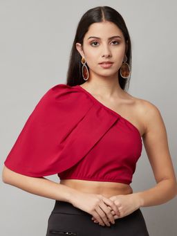 Attic Salt - Red Solid One Shoulder Cape Crop Top