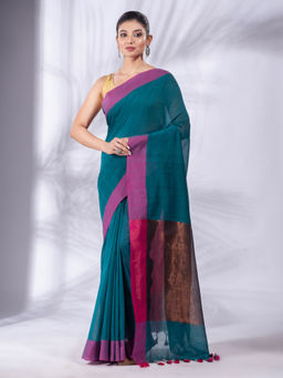CHARUKRITI - Teal Pure Cotton Woven Design Soft Saree & Zari Pallu with Unstitched Blouse