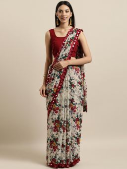 Tikhi Imli - Off White & Red Floral Crepe Print Saree with Unstitched Blouse