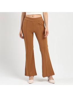 Madame - Side Zipper Flared Coffee Brown Knitted Moss Trousers