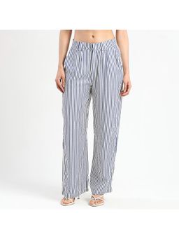 Madame - Striped Wide Leg Viscose Blend Navy Blue Trousers