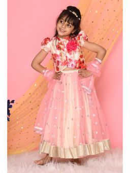 SAKA DESIGNS - Flowery Printed Choli And Ivory Pink Sequenced Lehenga (Set of 3)