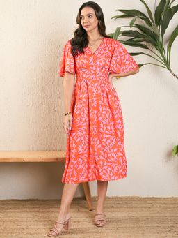Kibo - Womens Polyester Burnt Orange Printed Peplum Midi Dress