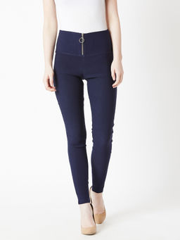 Miss Chase - Women Navy Blue Solid Skinny Zippered High Waist Regular Length Jeggings