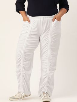theRebelinme - Plus Size Womens White Solid Color Straight Fit Cotton Trouser