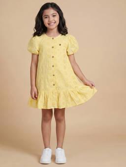 Allen Solly - Girls Yellow Embroidered Regular Fit Casual Dress