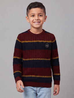 Allen Solly - Boys Maroon Stripe Regular Fit Sweater