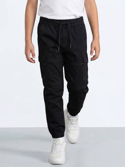 Allen Solly - Boys Black Regular Fit Solid Cargo Joggers