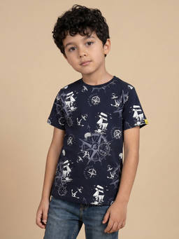 Allen Solly - Boys Navy Blue Regular Fit Print Crew Neck T-Shirt