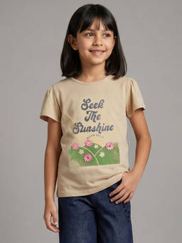 Allen Solly - Girls Beige Floral Embroidered Printed Casual T-shirt