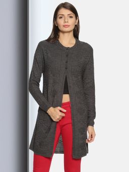 CLAPTON - Womens Wool Blend Medium Grey Full Sleeve Solid Self Design Round Neck Cardigan